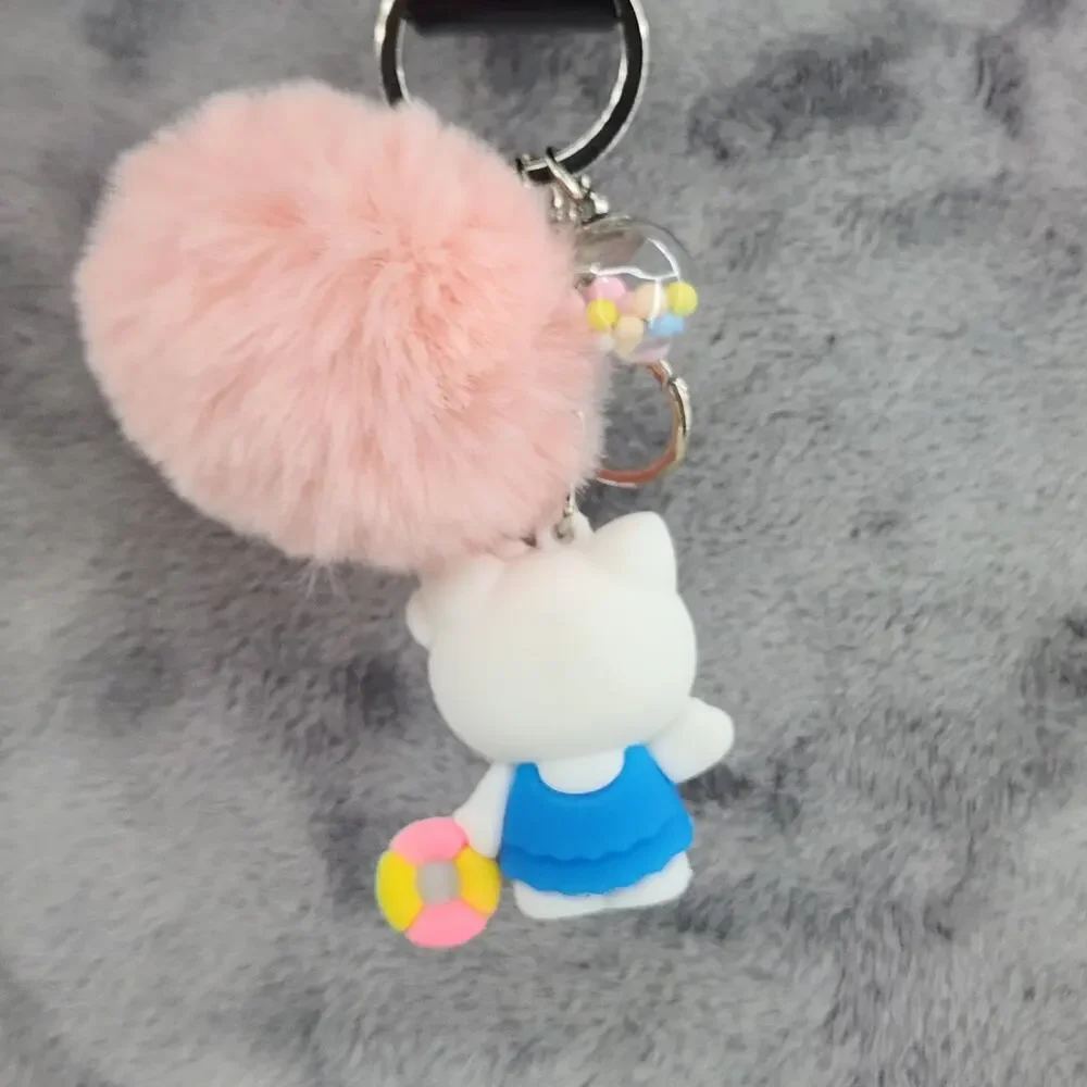 Hello Kitty 3D Figure Keychain, puff ball & mini bead filled bubble Blue & Peach